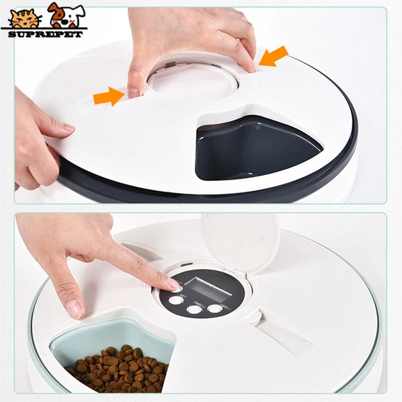 SUPREPET Dog Feeder Round Automatic Kitten Feeder 6 Meals Quantification Electric Dry Food Dispenser 24 Hours Feed Pet Supplies