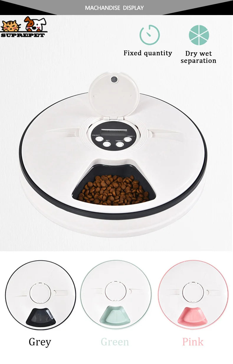 SUPREPET Dog Feeder Round Automatic Kitten Feeder 6 Meals Quantification Electric Dry Food Dispenser 24 Hours Feed Pet Supplies