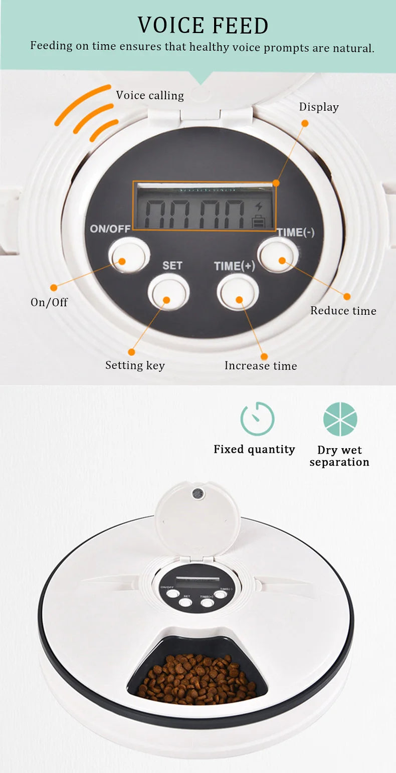 SUPREPET Dog Feeder Round Automatic Kitten Feeder 6 Meals Quantification Electric Dry Food Dispenser 24 Hours Feed Pet Supplies