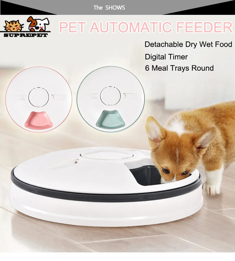 SUPREPET Dog Feeder Round Automatic Kitten Feeder 6 Meals Quantification Electric Dry Food Dispenser 24 Hours Feed Pet Supplies