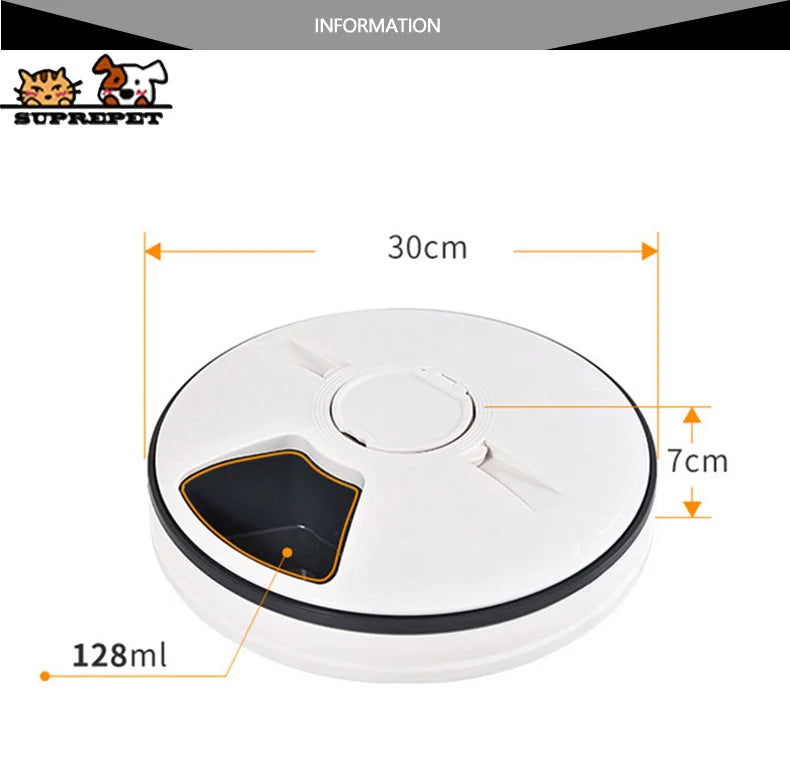 SUPREPET Dog Feeder Round Automatic Kitten Feeder 6 Meals Quantification Electric Dry Food Dispenser 24 Hours Feed Pet Supplies