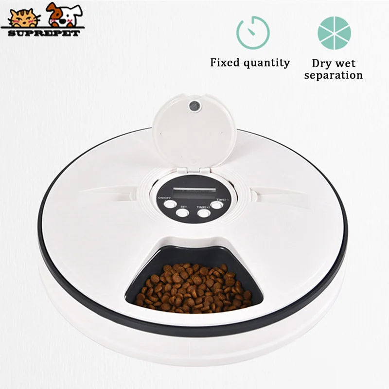 SUPREPET Dog Feeder Round Automatic Kitten Feeder 6 Meals Quantification Electric Dry Food Dispenser 24 Hours Feed Pet Supplies