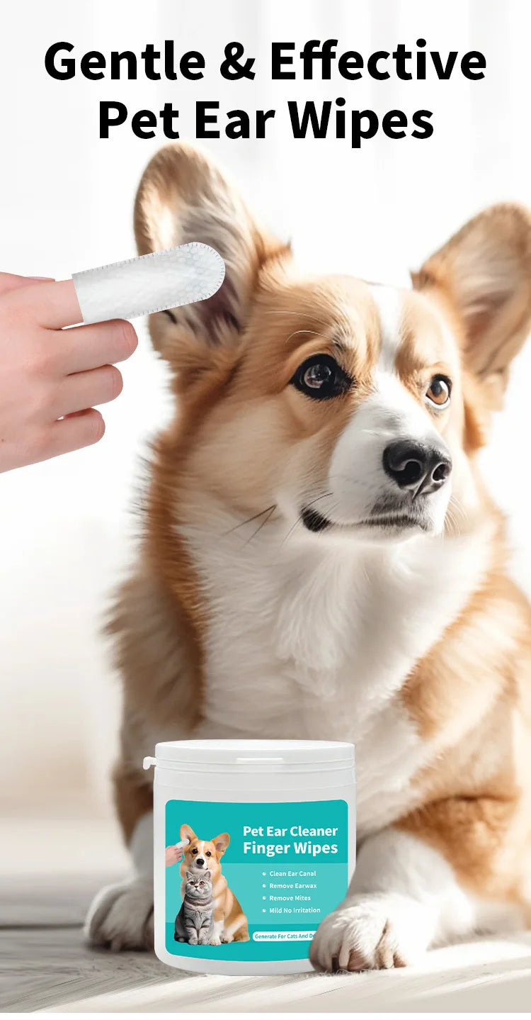 Pet products, pet ear cleaning wipes, ear care finger covers, ear mite removal, cat and dog ear cleaning